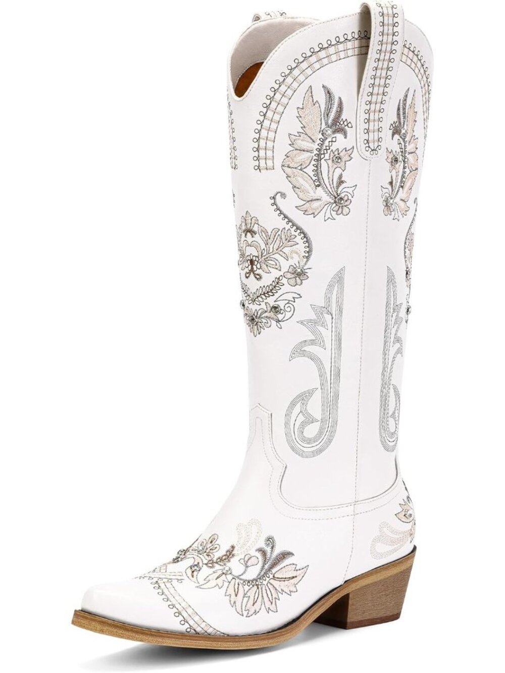 Women's White Knee High Western Cowgirl Boots Retro Country Boots with Classic